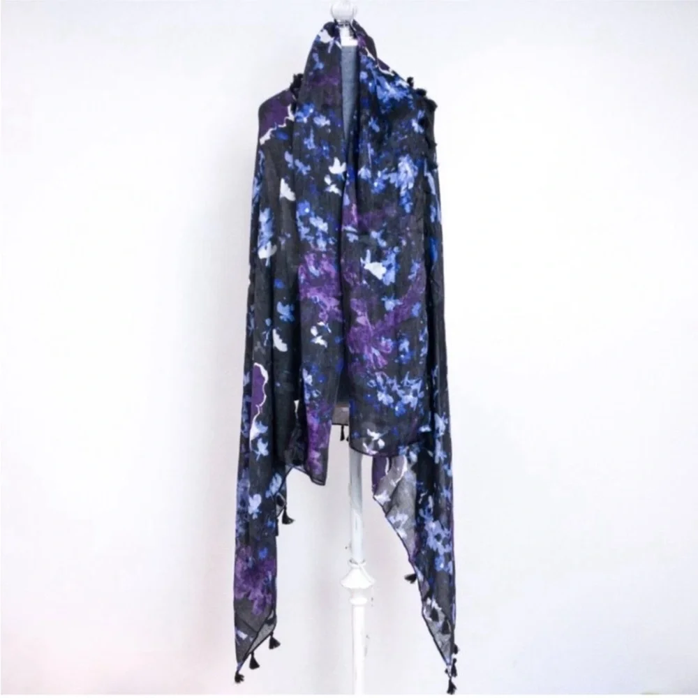 Peter Som Dream Floral Print beach fringe Sarong in Meteorite Black Blue